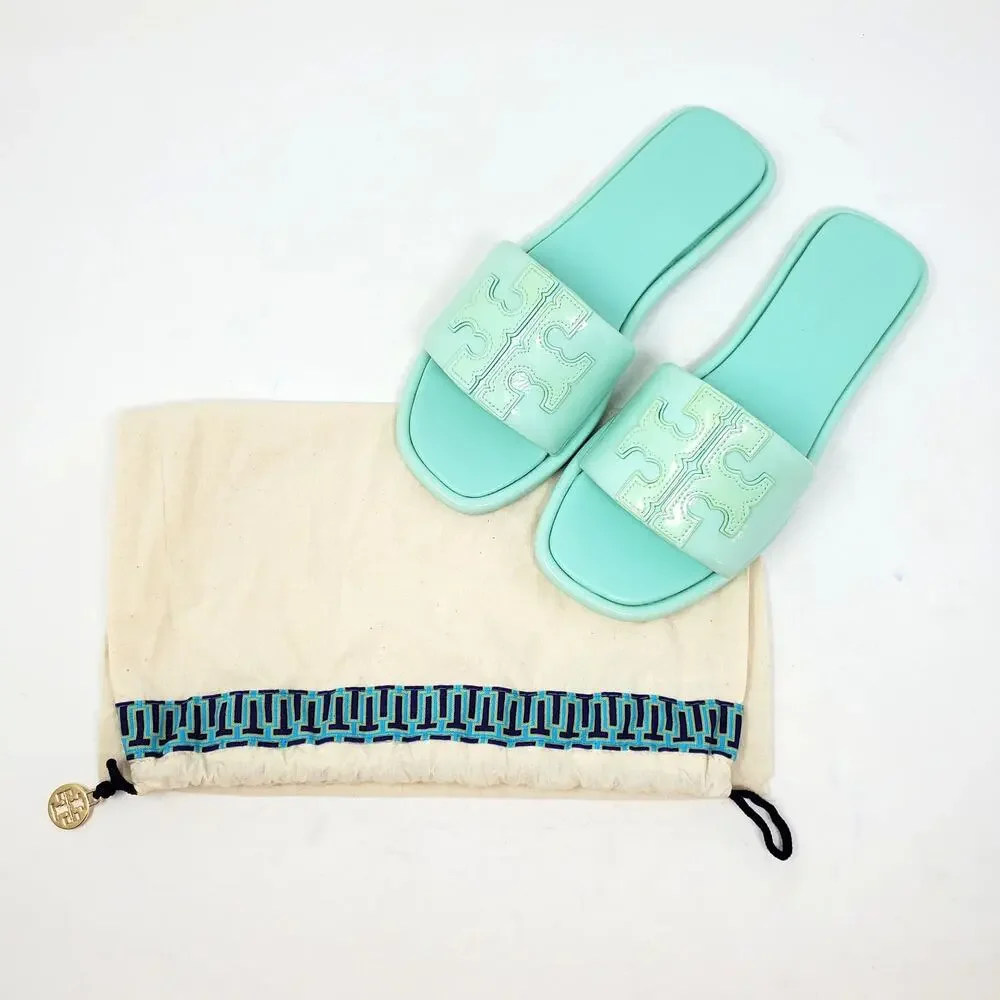 Tory Burch Double T Sport Slide Sandals Caribbean Mist Leather 141380 Size 7 M